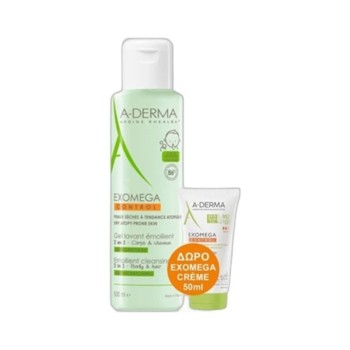 A-Derma Exomega Control Gel Lavant 2 en 1, μαλακτικό τζελ καθαρισμού 2 σε 1 για μαλλιά και σώμα για το ξηρό δέρμα με τάση ατοπίας 500ml & Δώρο Emollient Cream 50ml